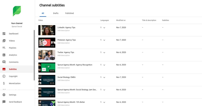 YouTube Studio subtitles interface for editing auto-generated captions